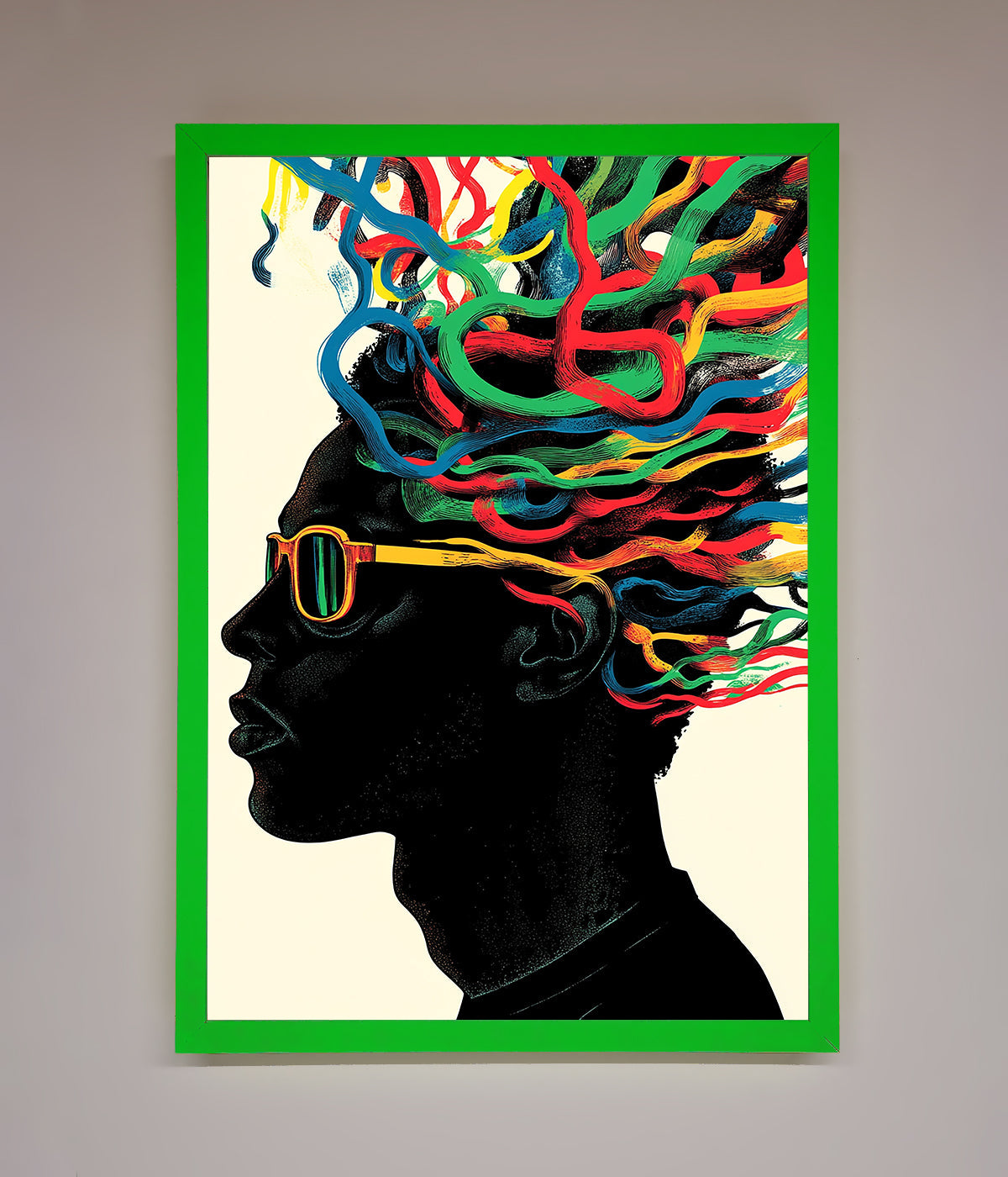 Multicolour Noodle Hair art in vibrant green framed print.