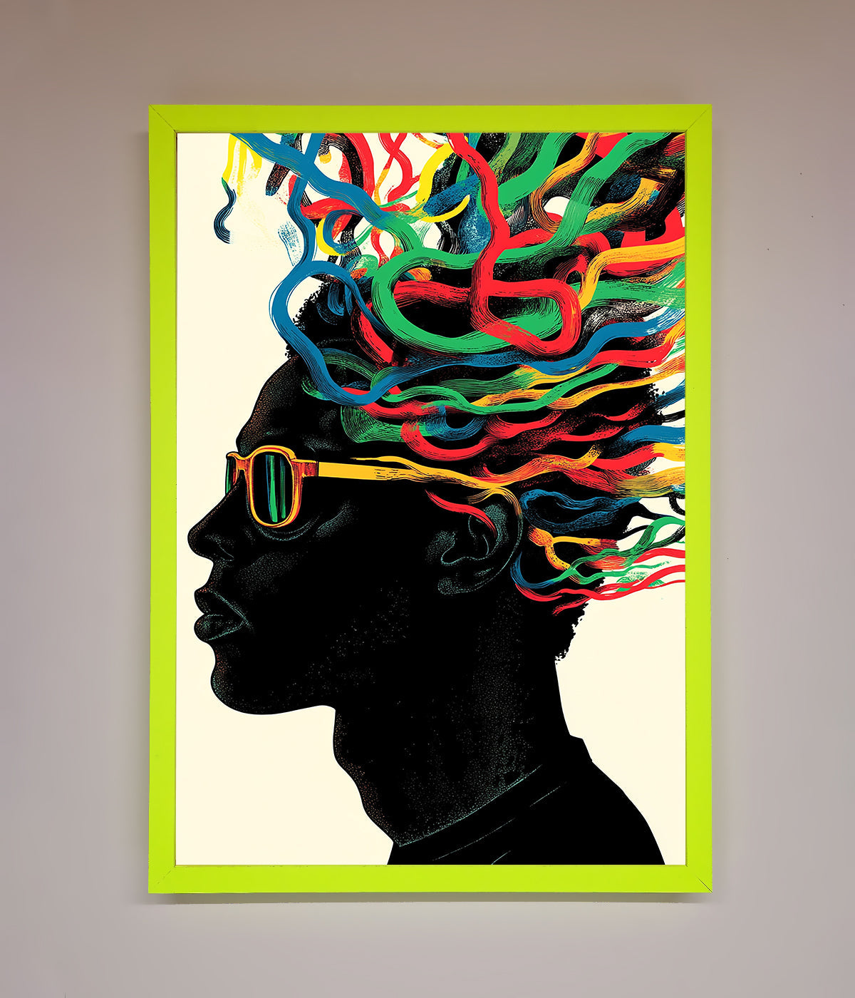 Multicolour Noodle Hair framed print with vibrant noodle-like design in a bright frame.