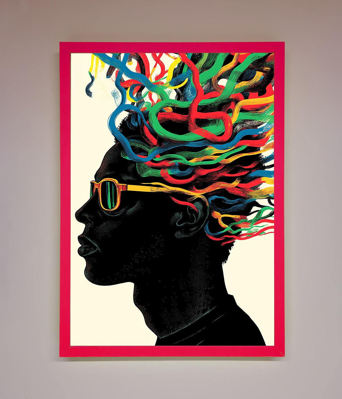 Multicolour Noodle Hair Framed Print with vibrant colors and playful design.