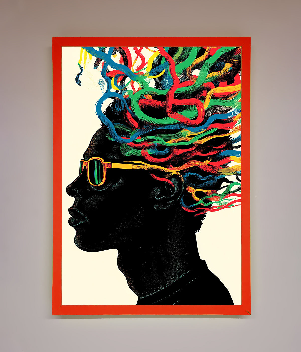 Multicolour Noodle Hair framed print with vivid colors and playful design.