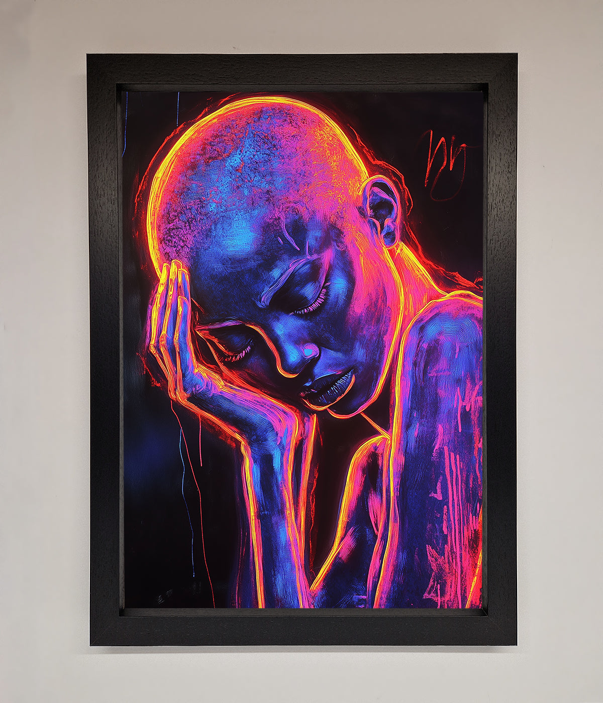 Neon Woman Hands In Head Framed Print print