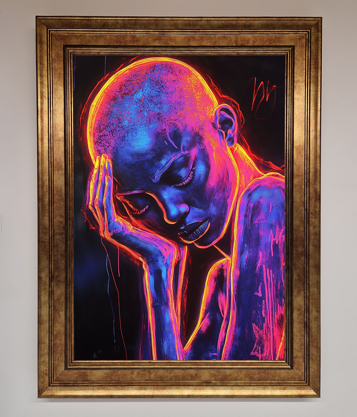 Neon Woman Hands In Head Framed Print print