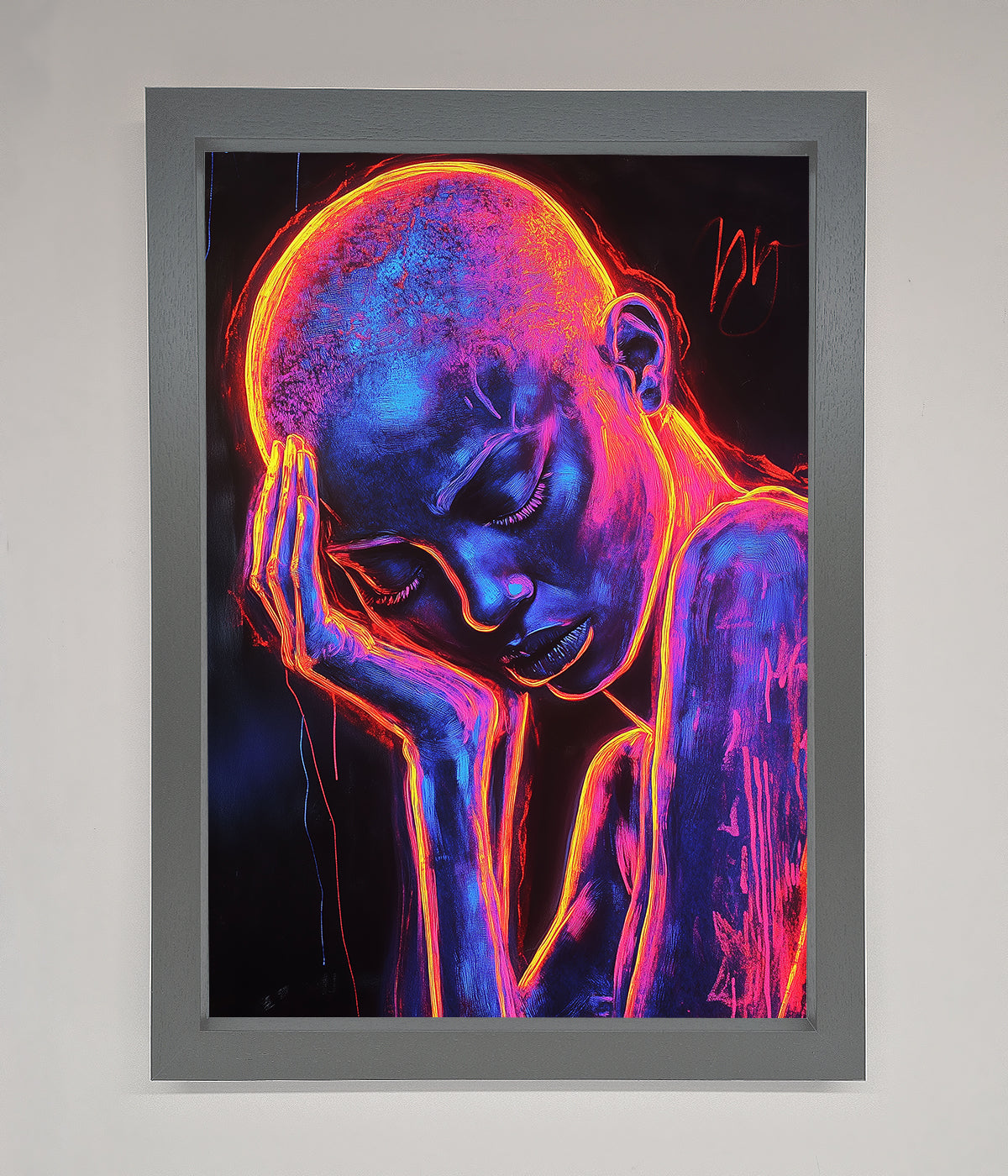 Neon Woman Hands In Head Framed Print print