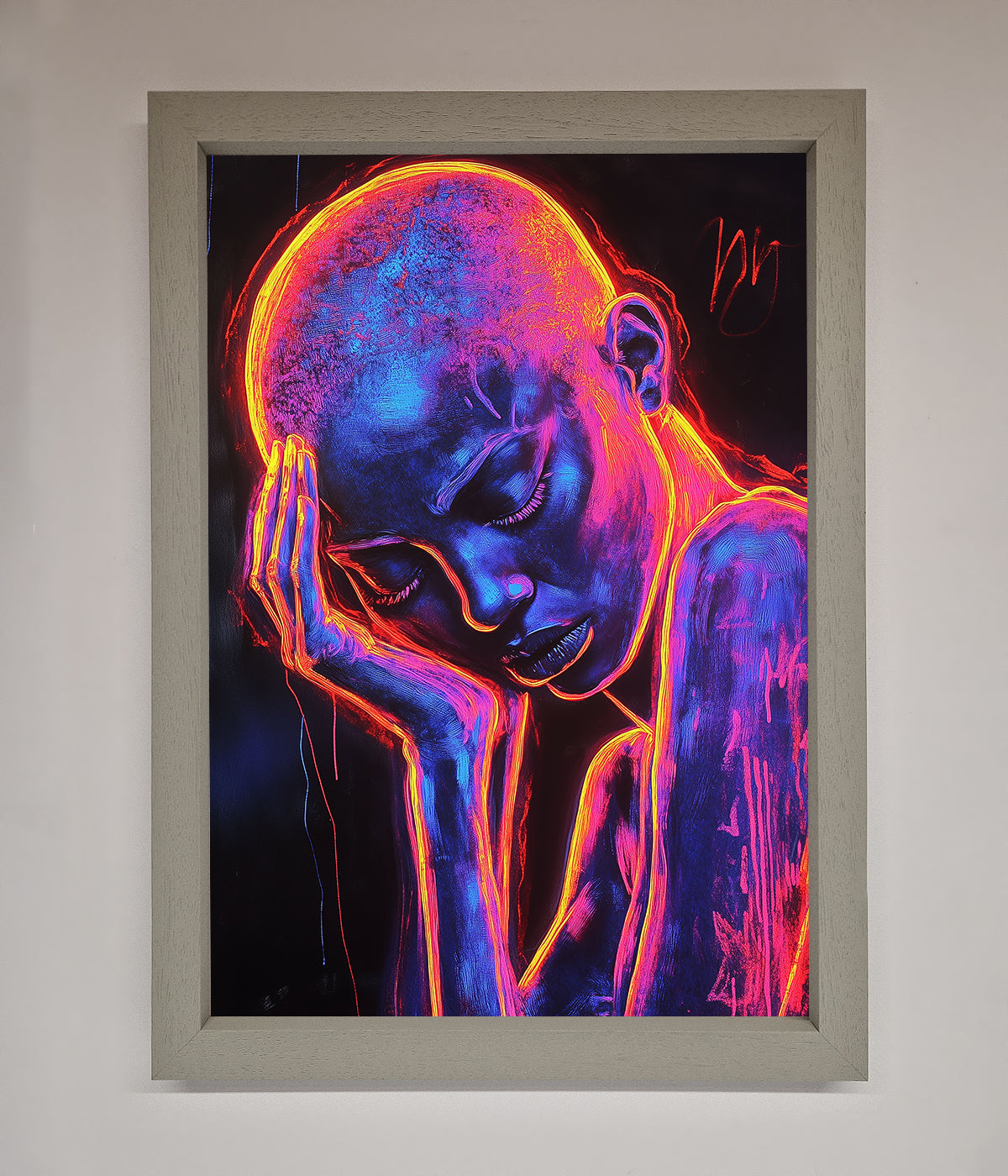 Neon Woman Hands In Head Framed Print print