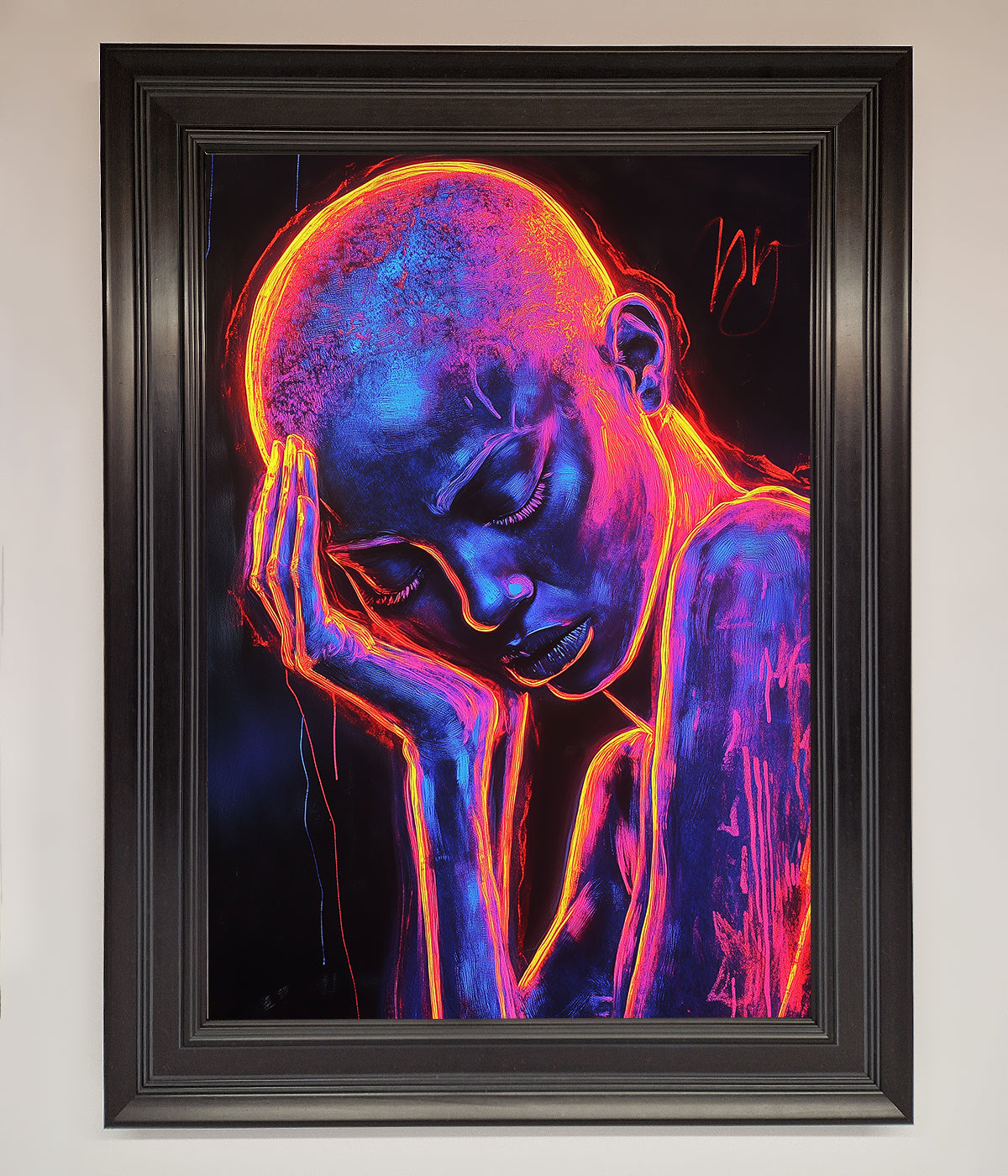 Neon Woman Hands In Head Framed Print print