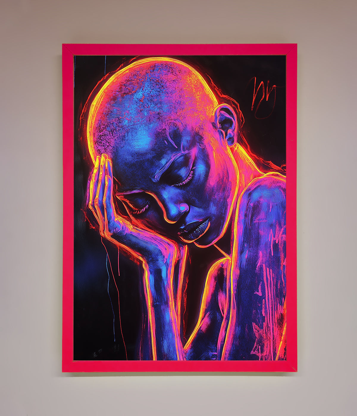 Neon Woman Hands In Head Framed Print print