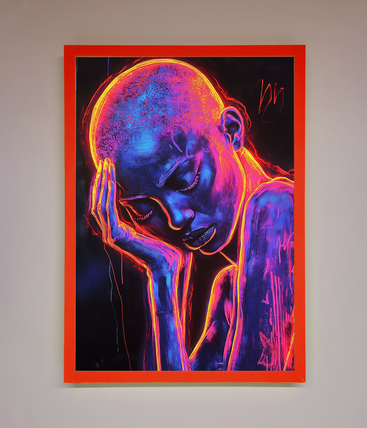 Neon Woman Hands In Head Framed Print print