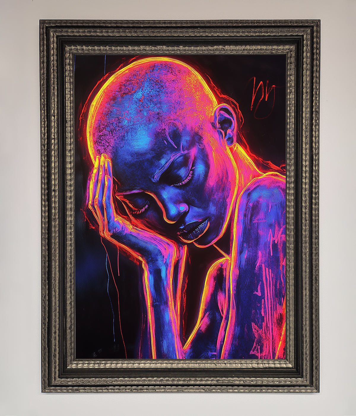 Neon Woman Hands In Head Framed Print print