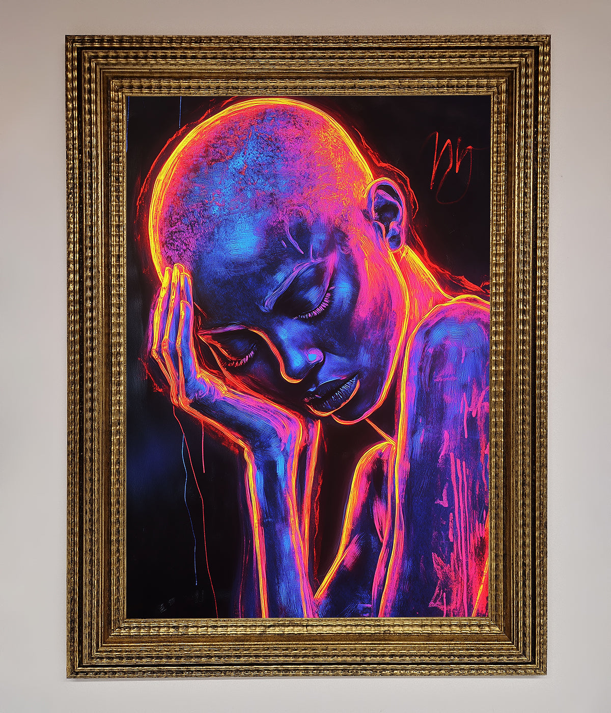 Neon Woman Hands In Head Framed Print print