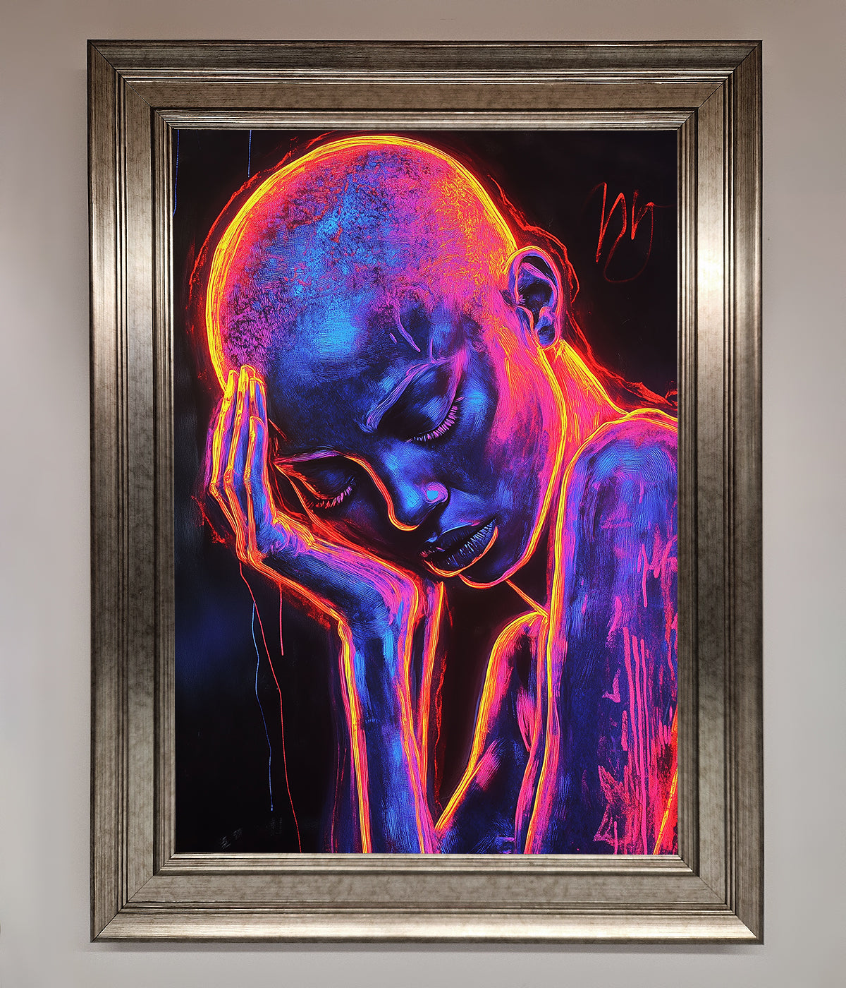 Neon Woman Hands In Head Framed Print print