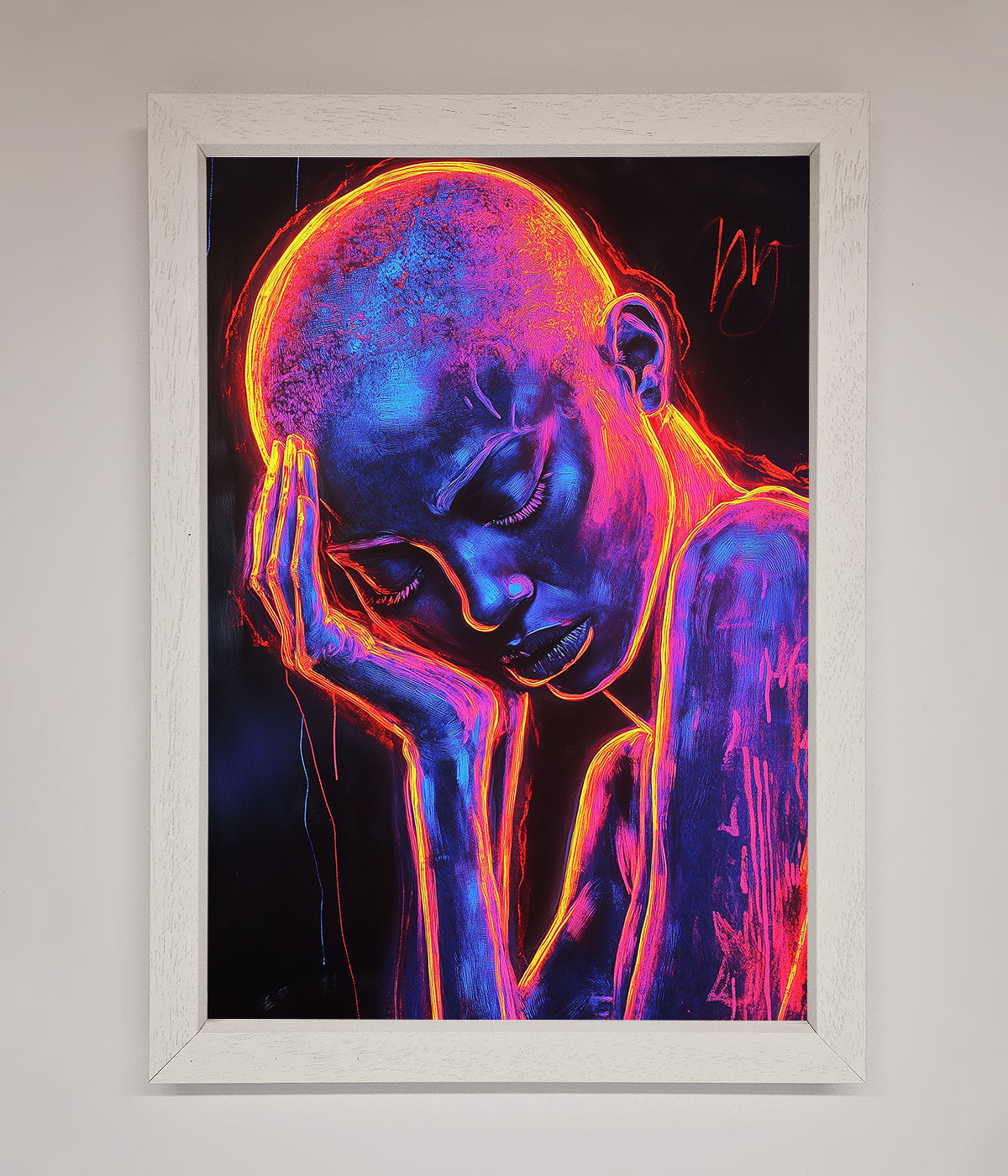 Neon Woman Hands In Head Framed Print print