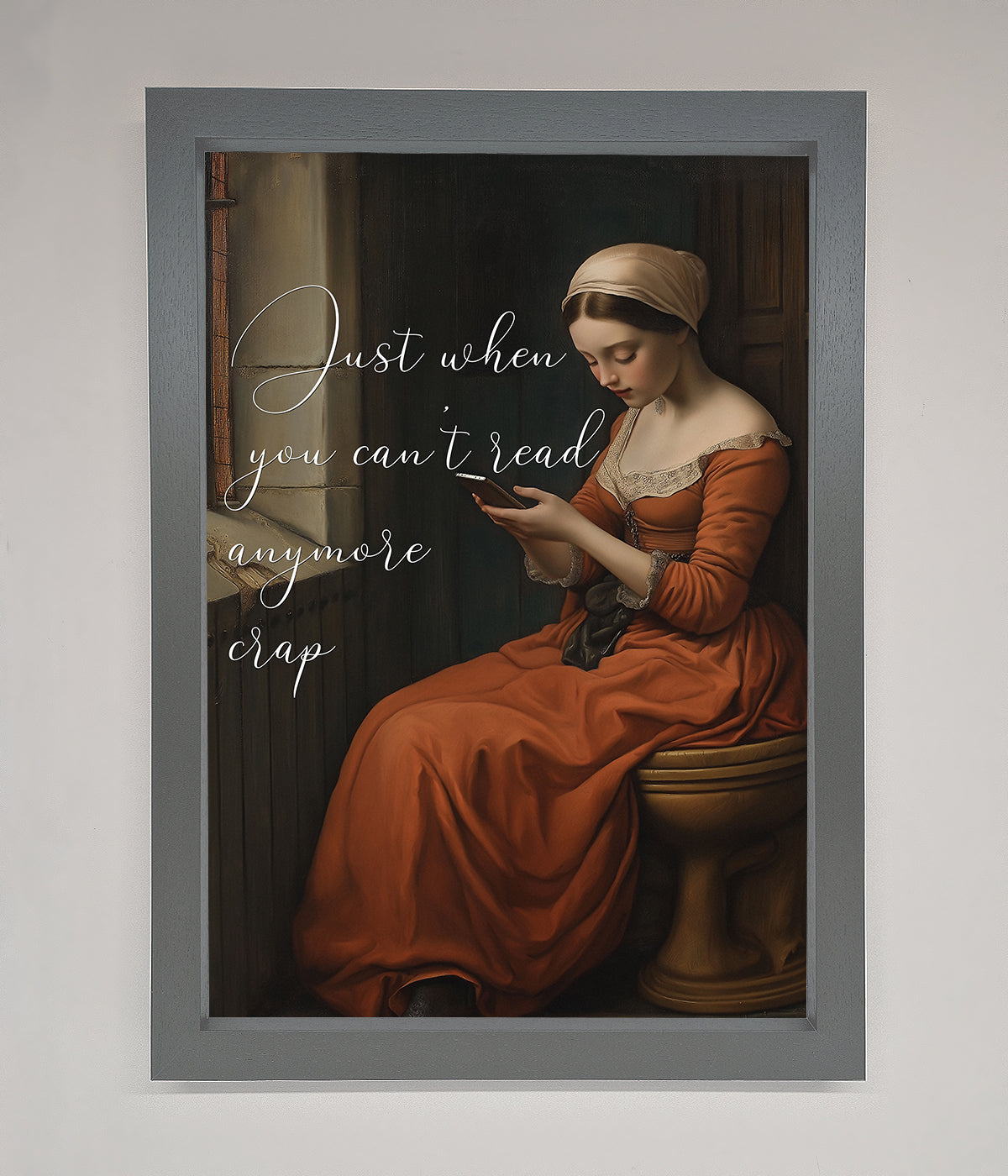 Framed poster titled "No More Crap" with an artwork of a woman reading.