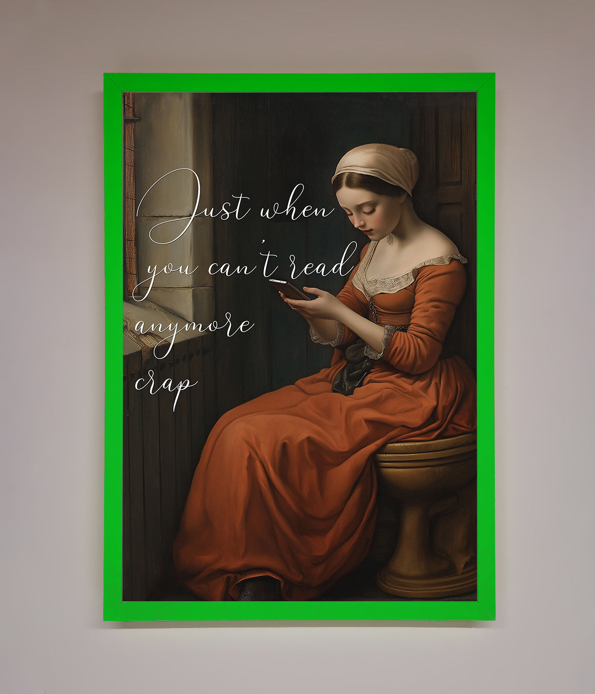 Framed poster titled "No More Crap" with lady sitting and reading.