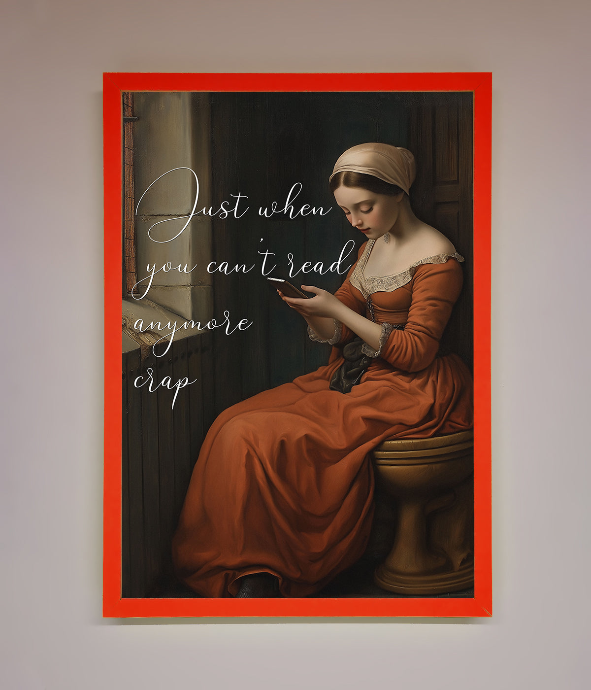 Vintage-style framed poster with "No More Crap" message, featuring a woman reading.