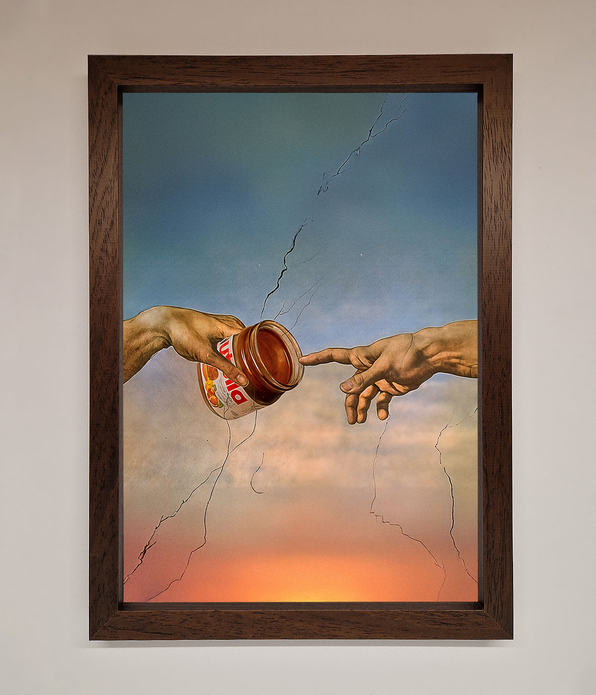 Nutella Of Creation framed poster featuring artistic interpretation of two hands reaching for a jar, vibrant and whimsical design.