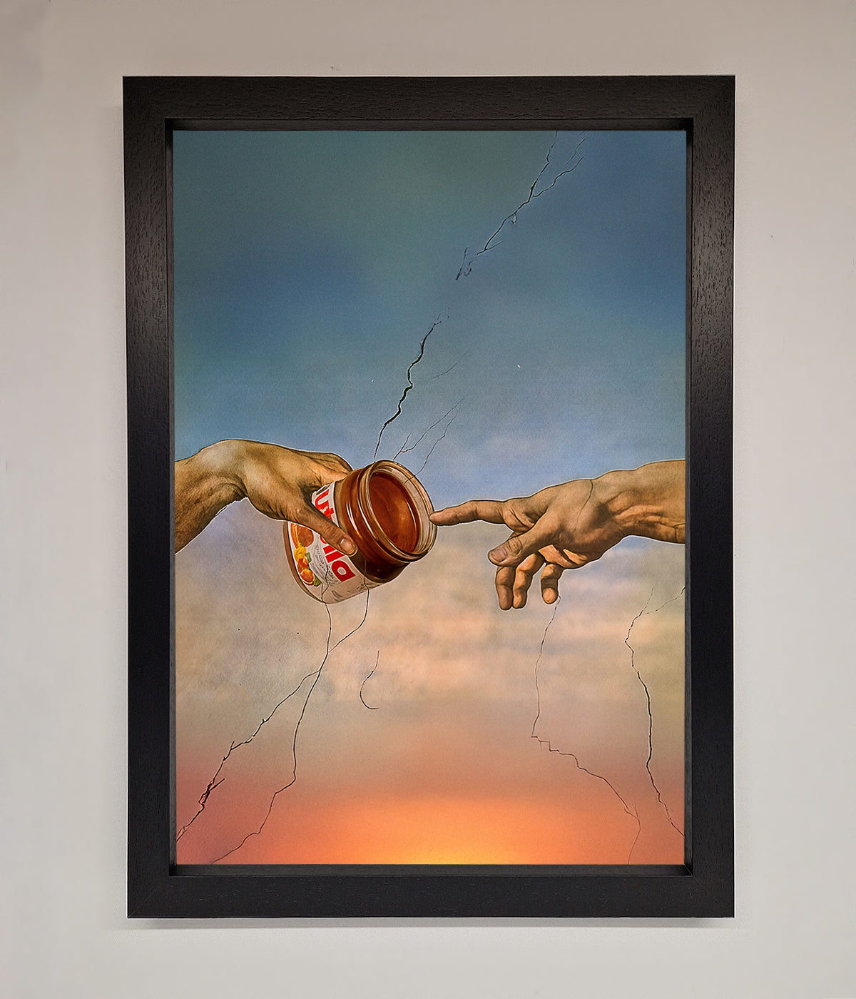 Nutella Of Creation framed poster with artistic depiction of hands exchanging Nutella jar.