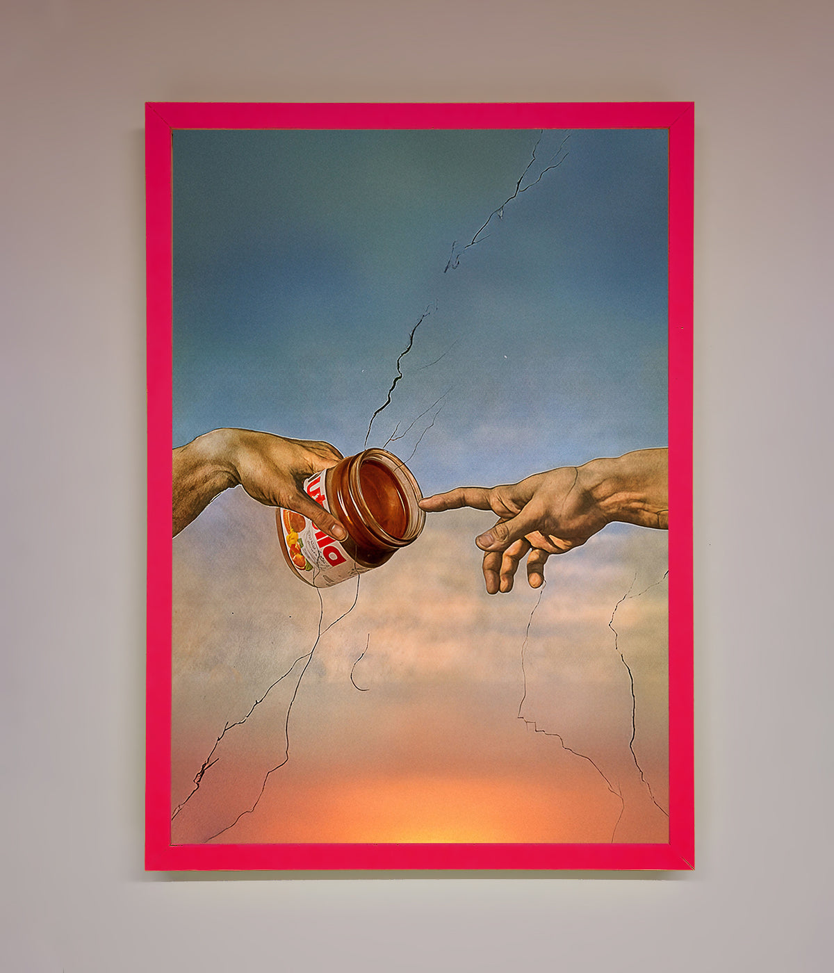 Nutella Of Creation framed poster featuring artistic hands with a Nutella jar, vibrant colors.