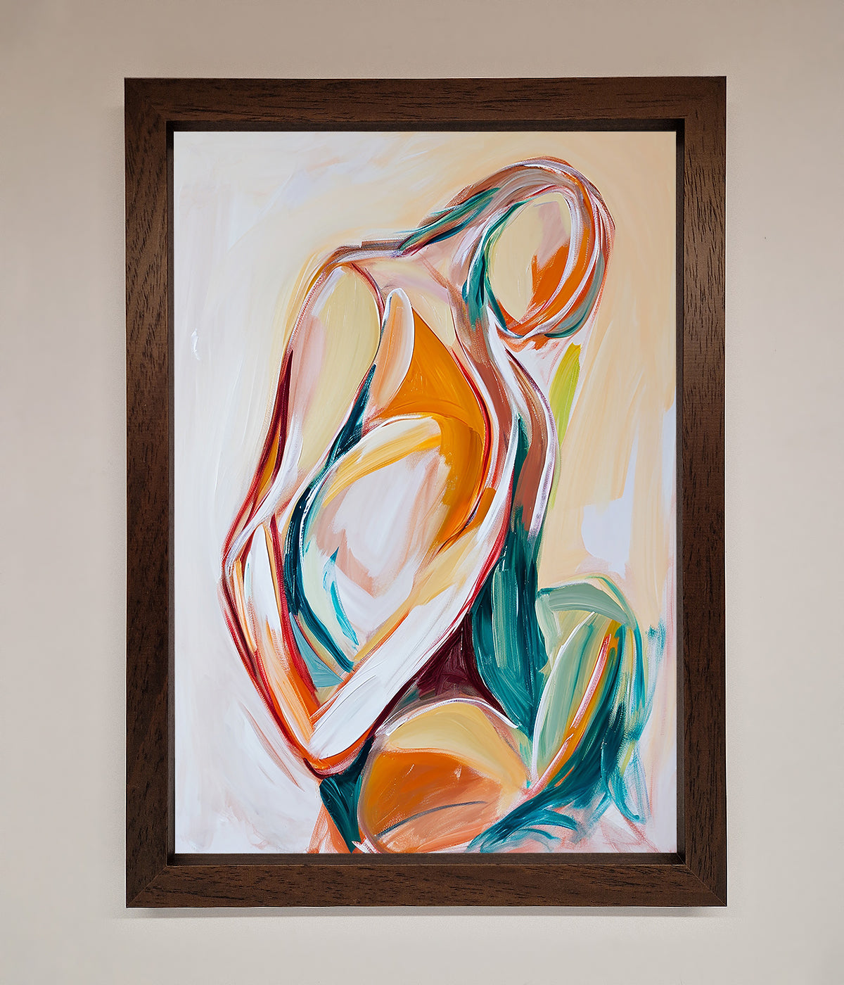 Pain Stroke Embrace framed poster, abstract art in wooden frame.