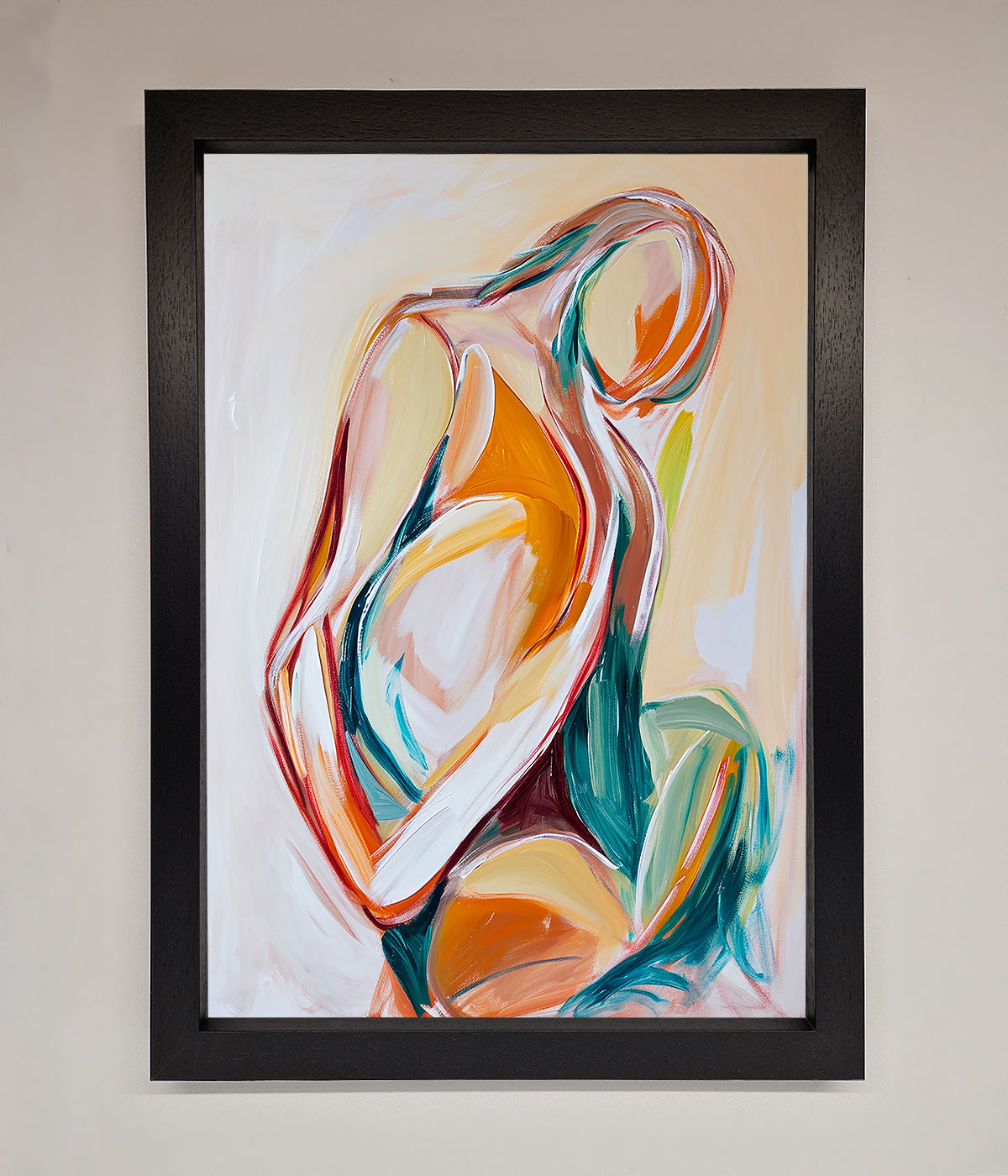 Pain Stroke Embrace Framed Poster with vibrant abstract artwork in black frame.