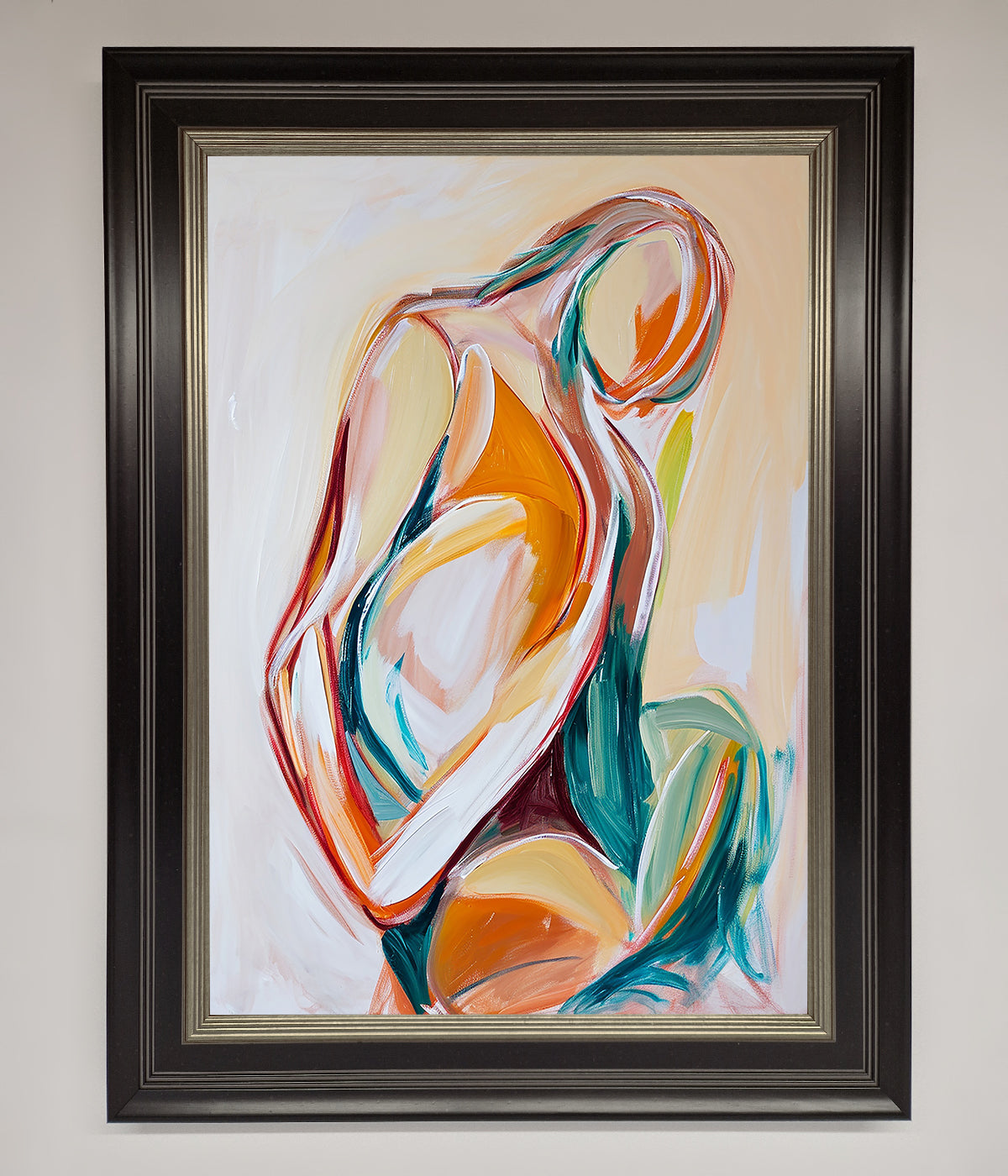 Pain Stroke Embrace Framed Poster in a stylish dark frame, showcasing vibrant and emotive abstract art.