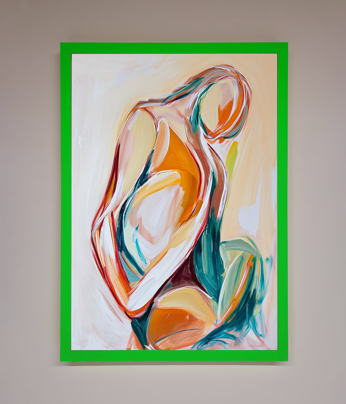 Pain Stroke Embrace Framed Poster with abstract art, vibrant colors, green frame.