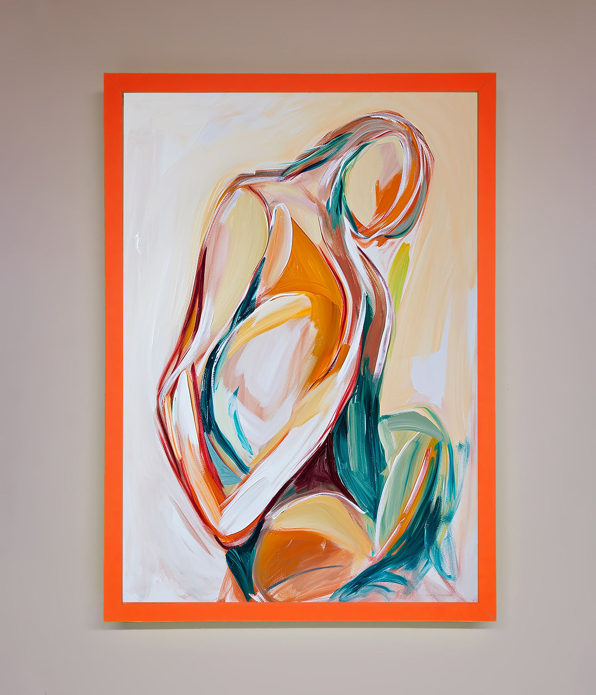 Pain Stroke Embrace Framed Poster with abstract figure, vibrant colors, and orange frame.