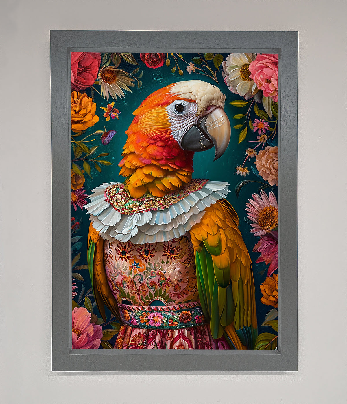 Parrot Renaissance Stare Framed Wall Art with vibrant colors and intricate details.