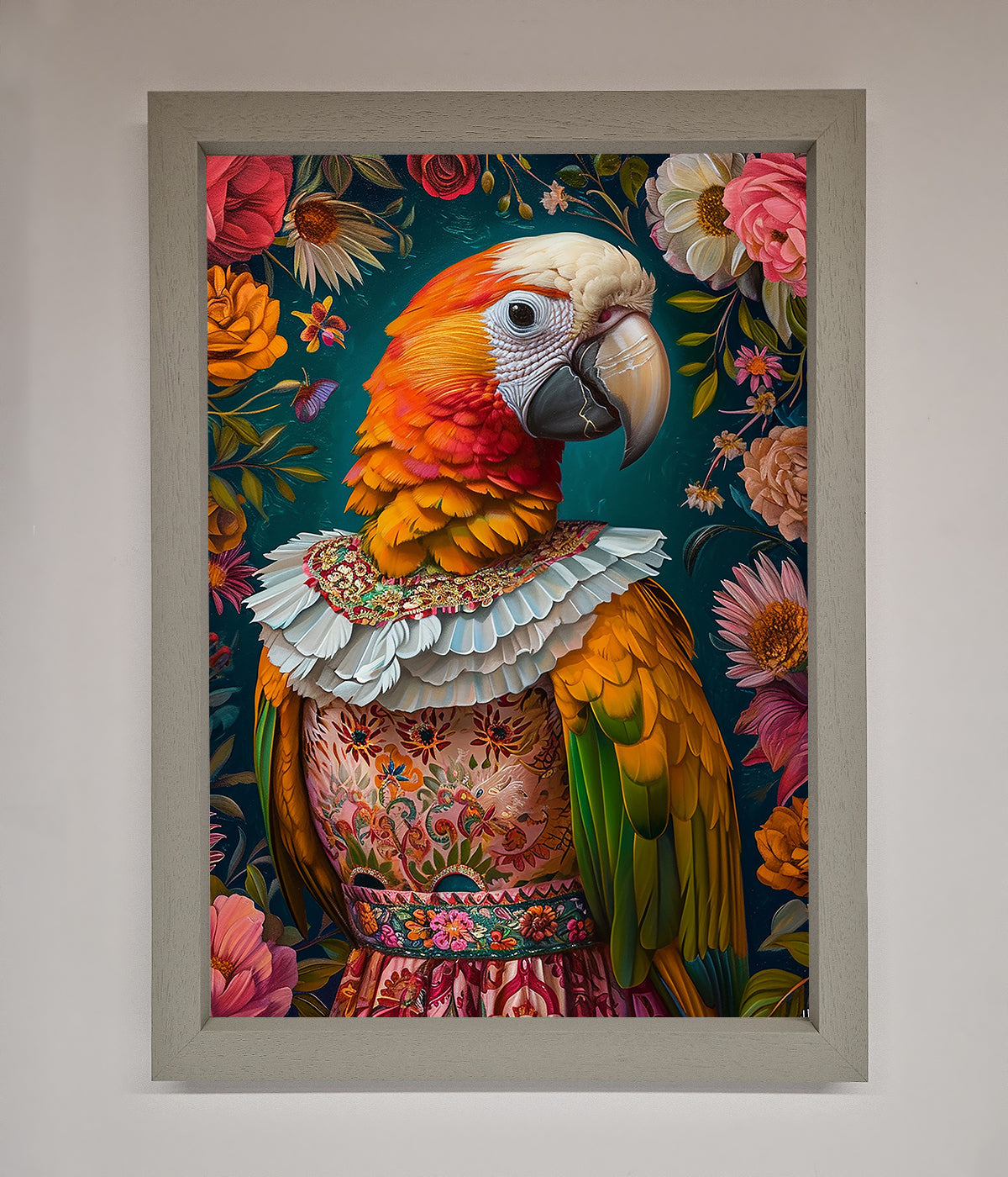 Parrot Renaissance Stare Framed Wall Art with vibrant colors and intricate details.