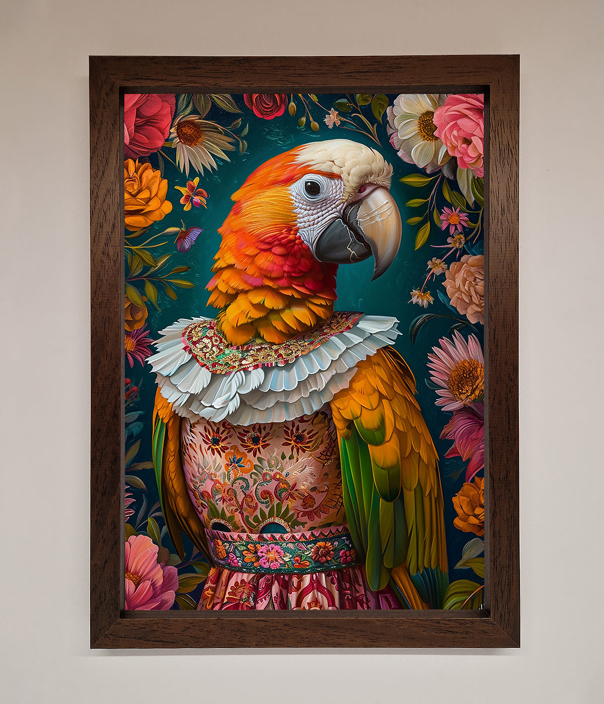 Parrot Renaissance Stare Framed Wall Art with vibrant colors and intricate details.