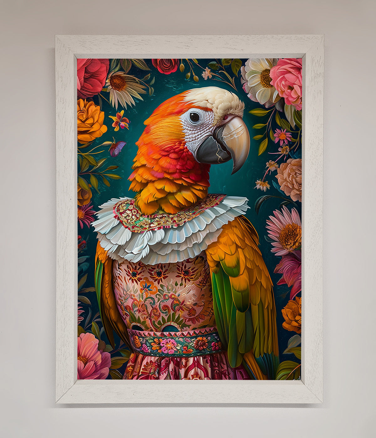 Parrot Renaissance Stare Framed Wall Art with vibrant colors and intricate details.