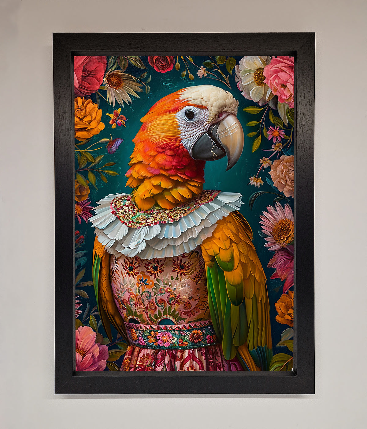 Parrot Renaissance Stare framed wall art with vibrant colors and detailed design.