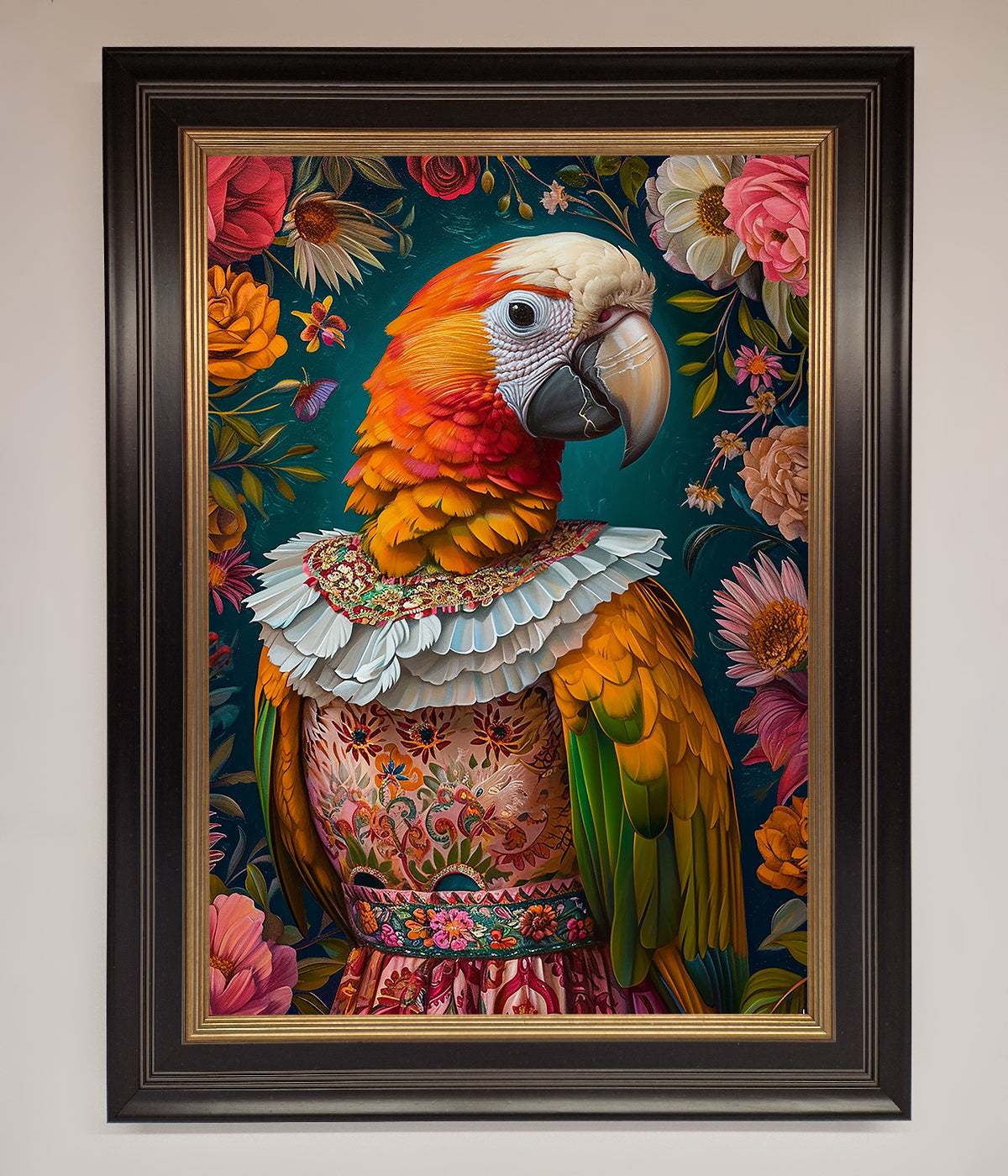 Parrot Renaissance Stare framed wall art with vibrant colors and intricate detail.