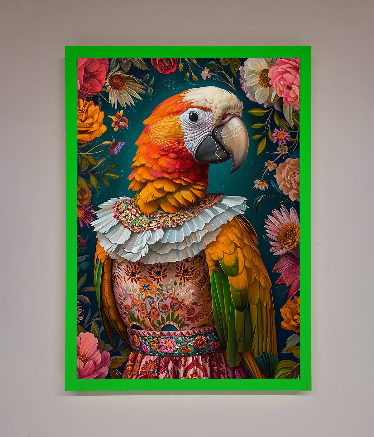 Parrot Renaissance Stare Framed Wall Art with vibrant colors and intricate detail.