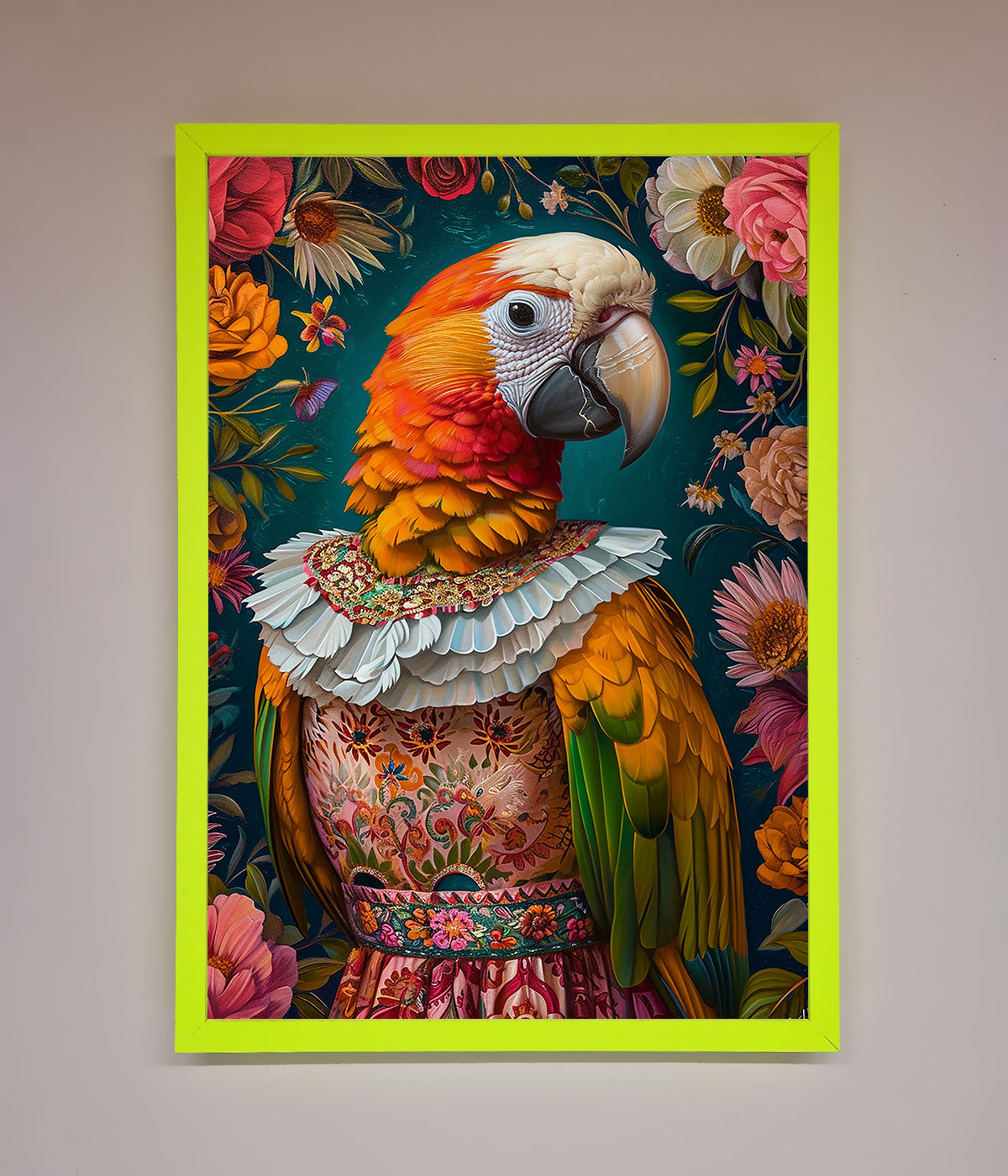 Parrot Renaissance Stare Framed Wall Art with intricate detail and vibrant colors.