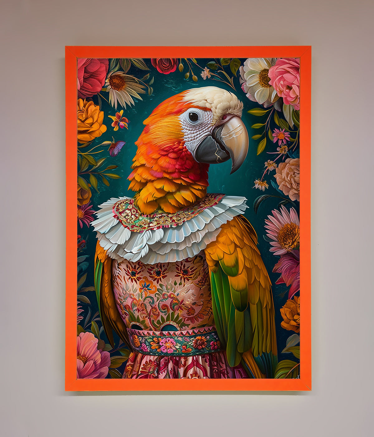 Parrot Renaissance Stare Framed Wall Art showcasing a vibrant parrot with intricate detail and rich hues, perfect for home decor.