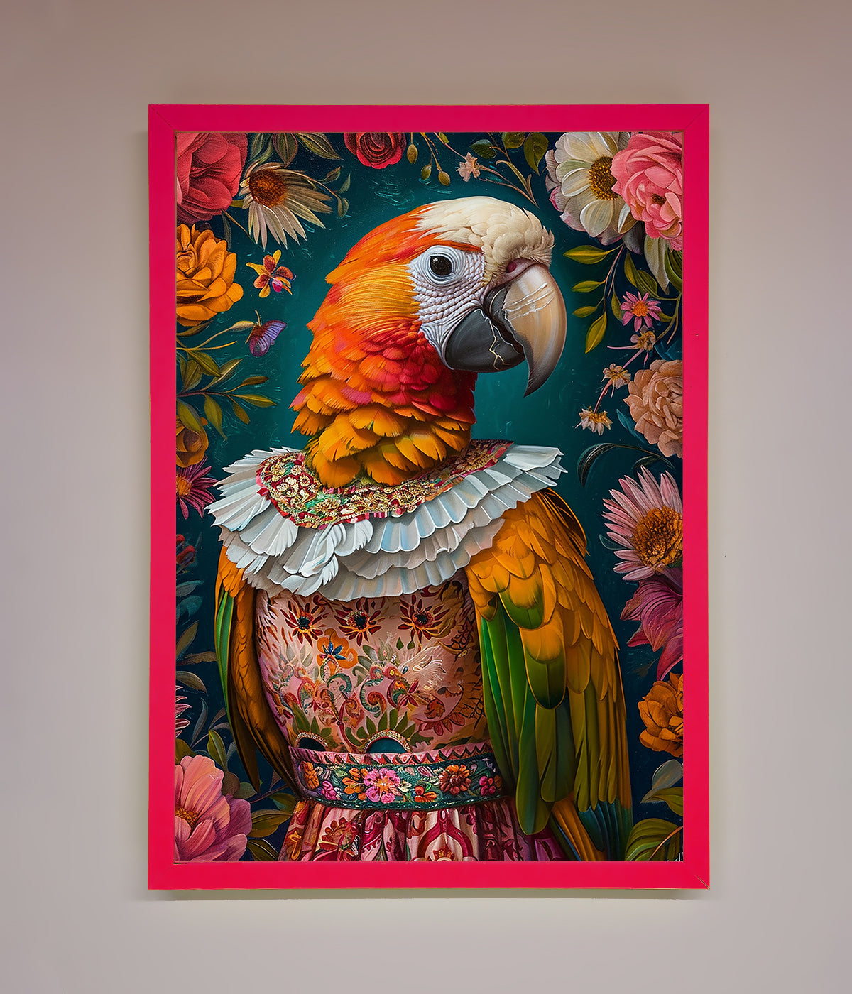 Parrot Renaissance Stare framed wall art with vibrant colors and intricate details.