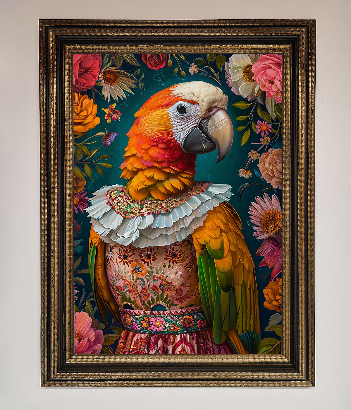 Parrot Renaissance Stare framed wall art with vibrant colors and intricate details.