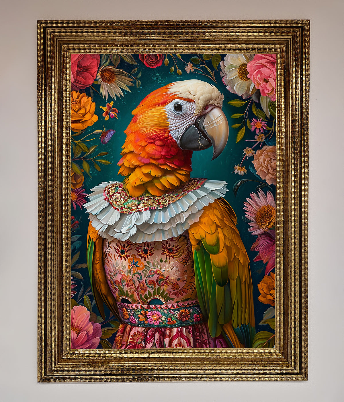 Parrot Renaissance Stare Framed Wall Art with vibrant colors and intricate detail.