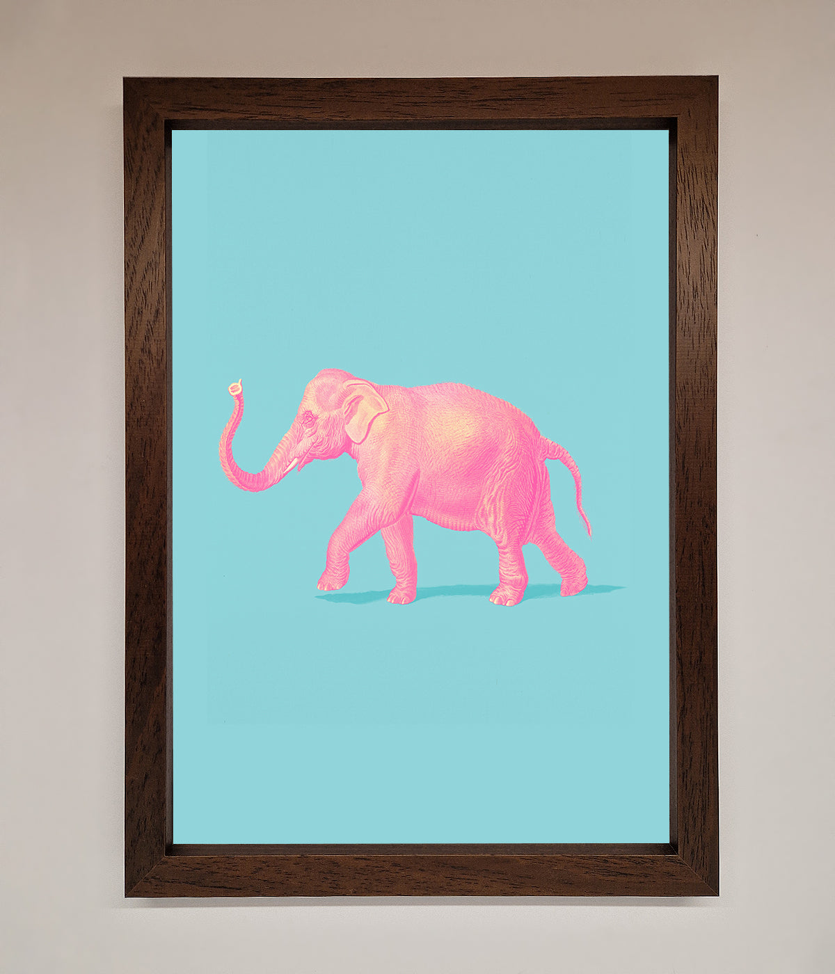 Pink Elephant On Blue Framed Print print