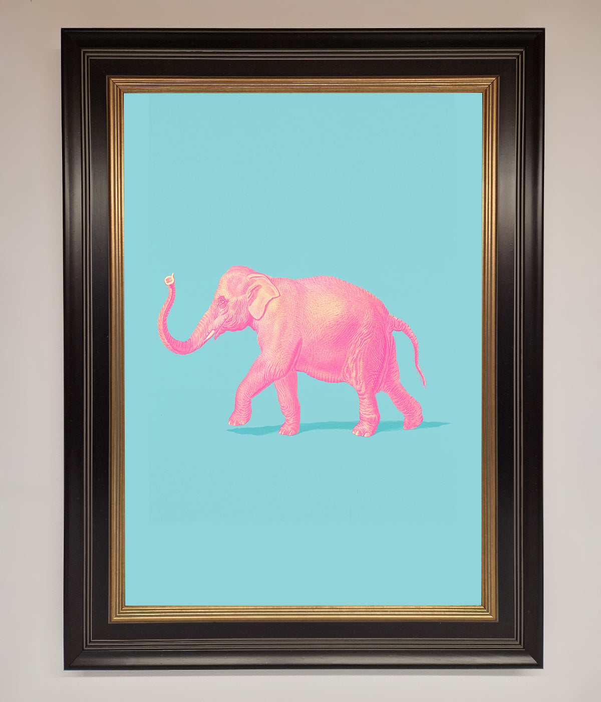 Pink Elephant On Blue Framed Print print