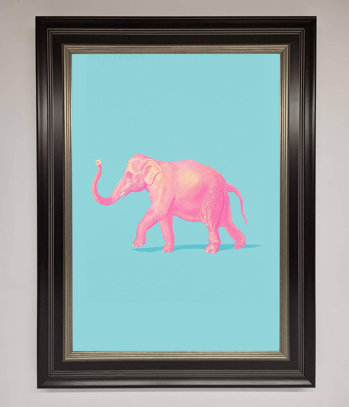 Pink Elephant On Blue Framed Print print