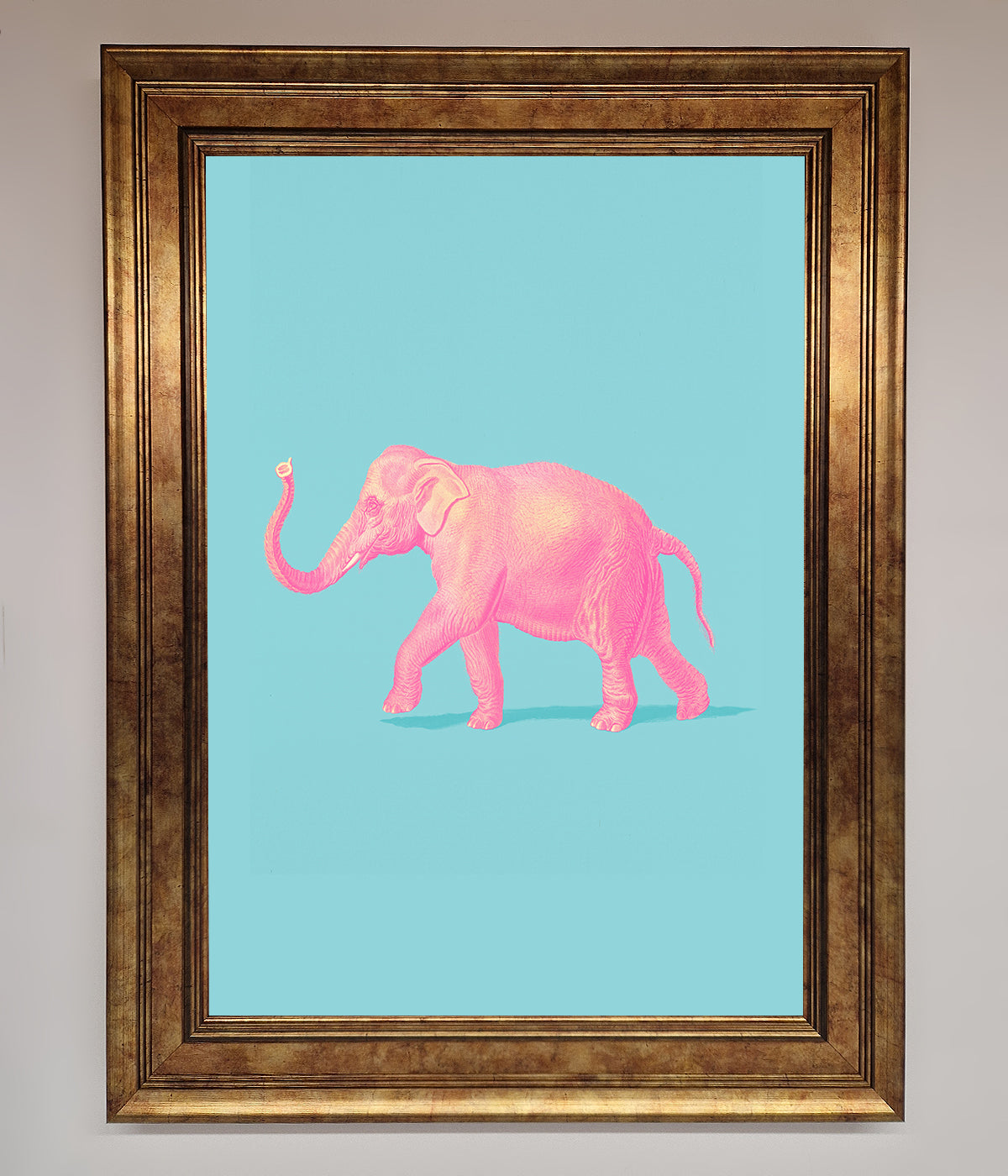 Pink Elephant On Blue Framed Print print