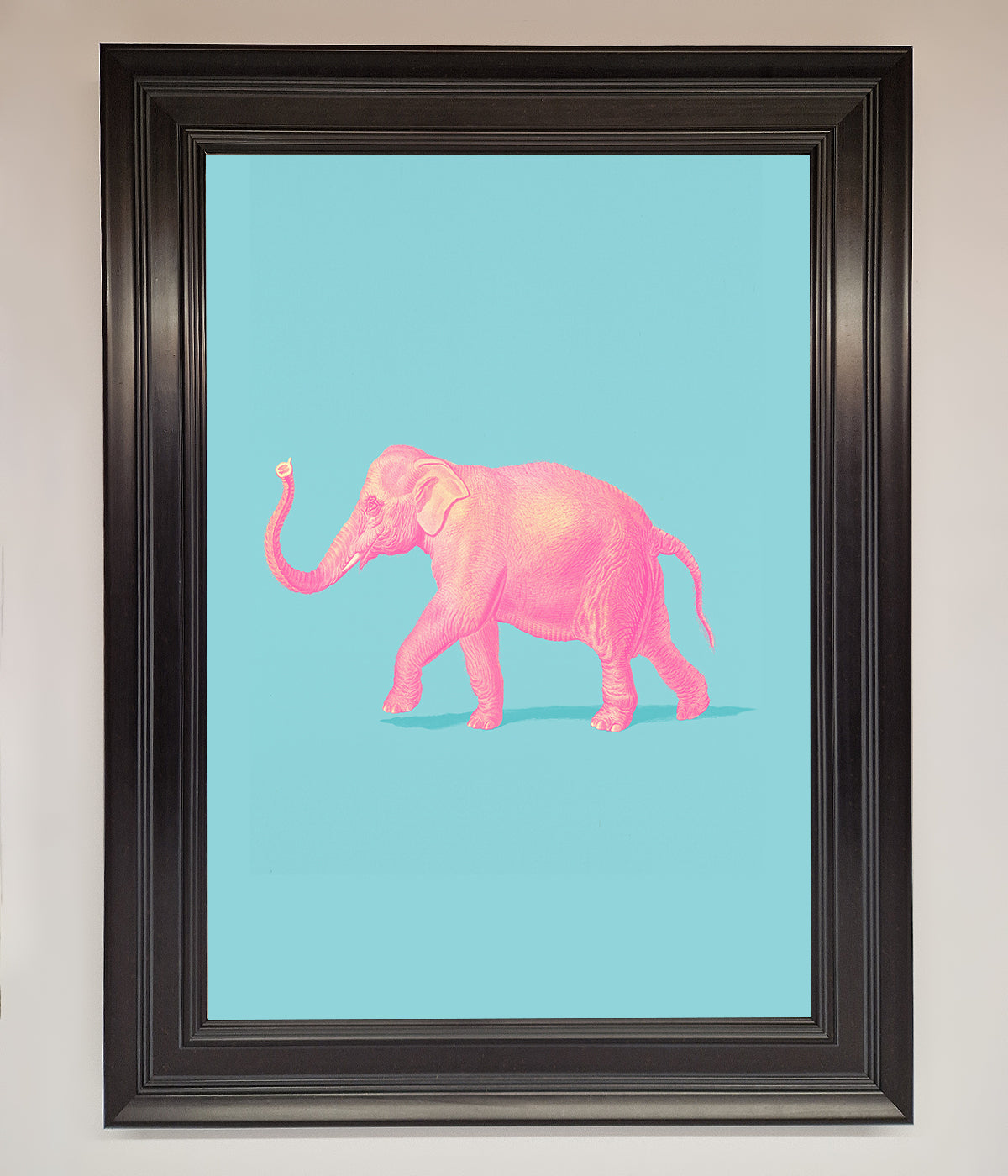 Pink Elephant On Blue Framed Print print