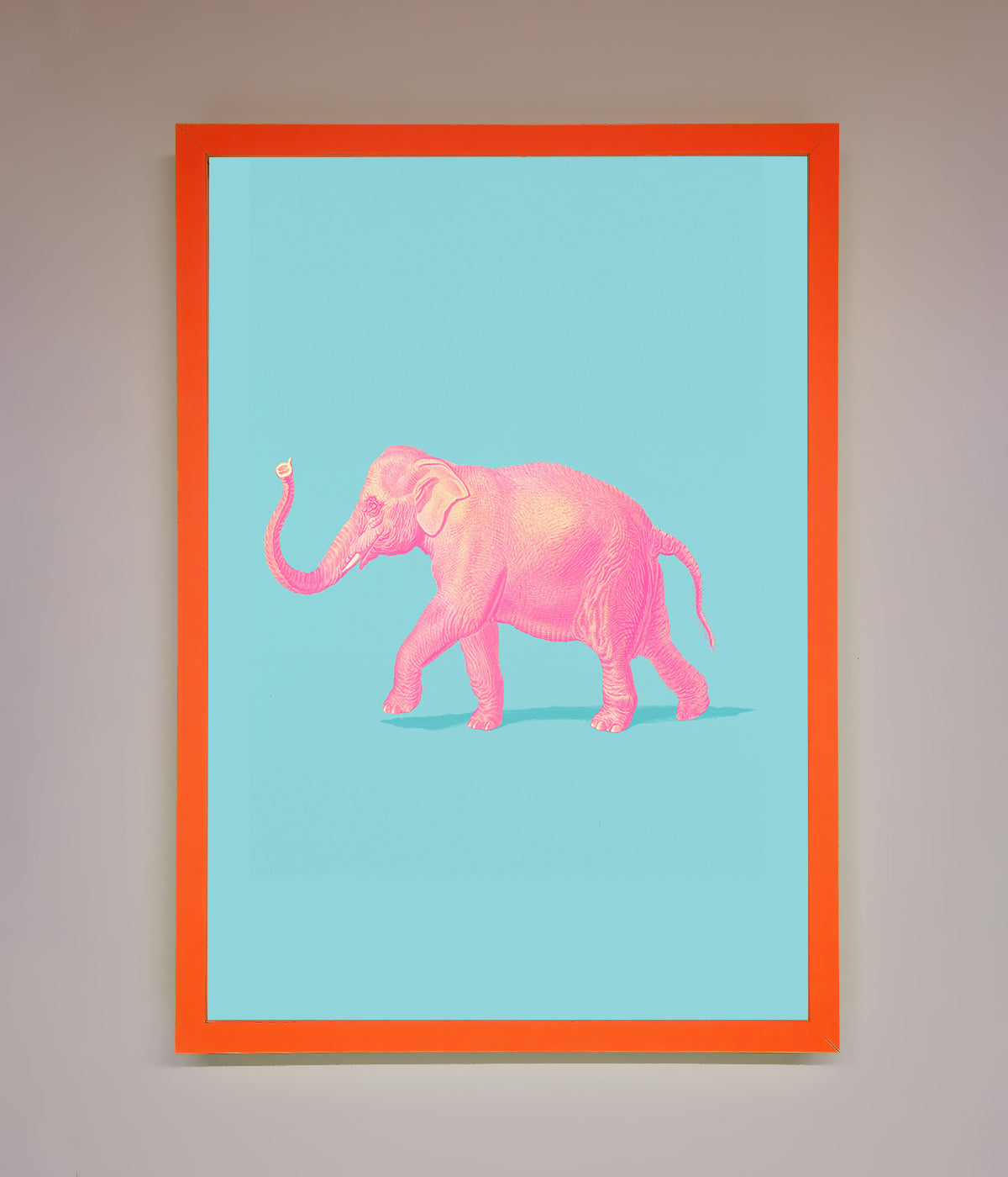 Pink Elephant On Blue Framed Print print