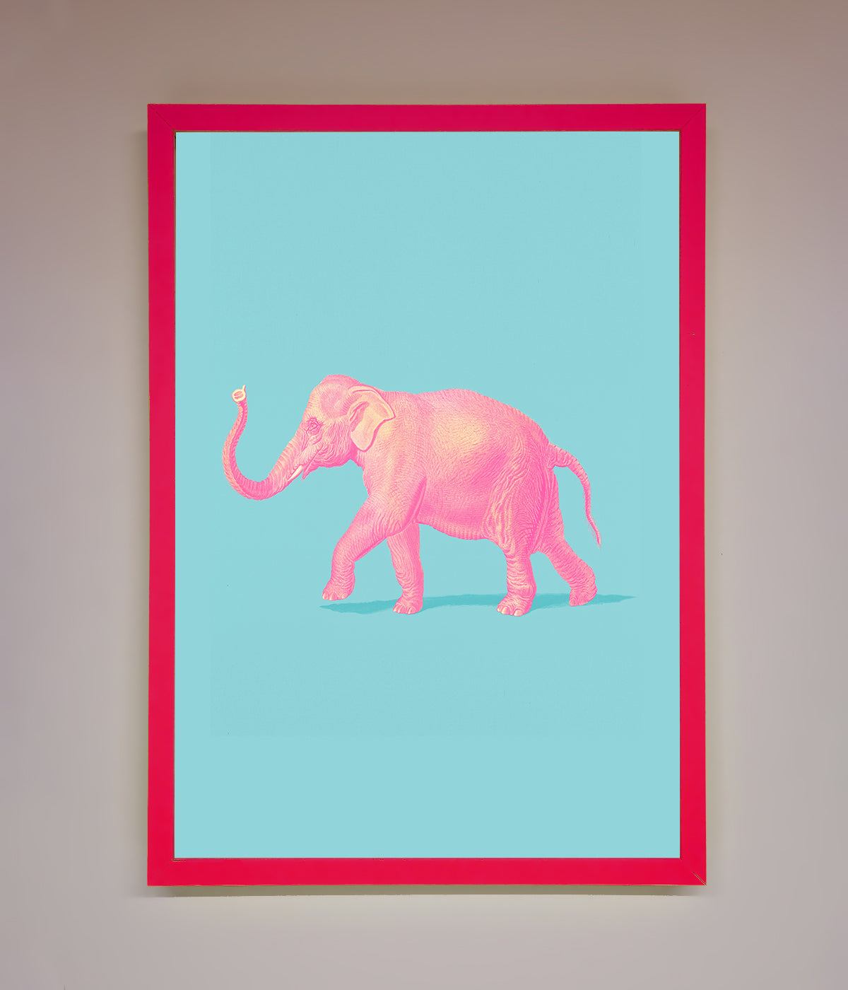 Pink Elephant On Blue Framed Print print