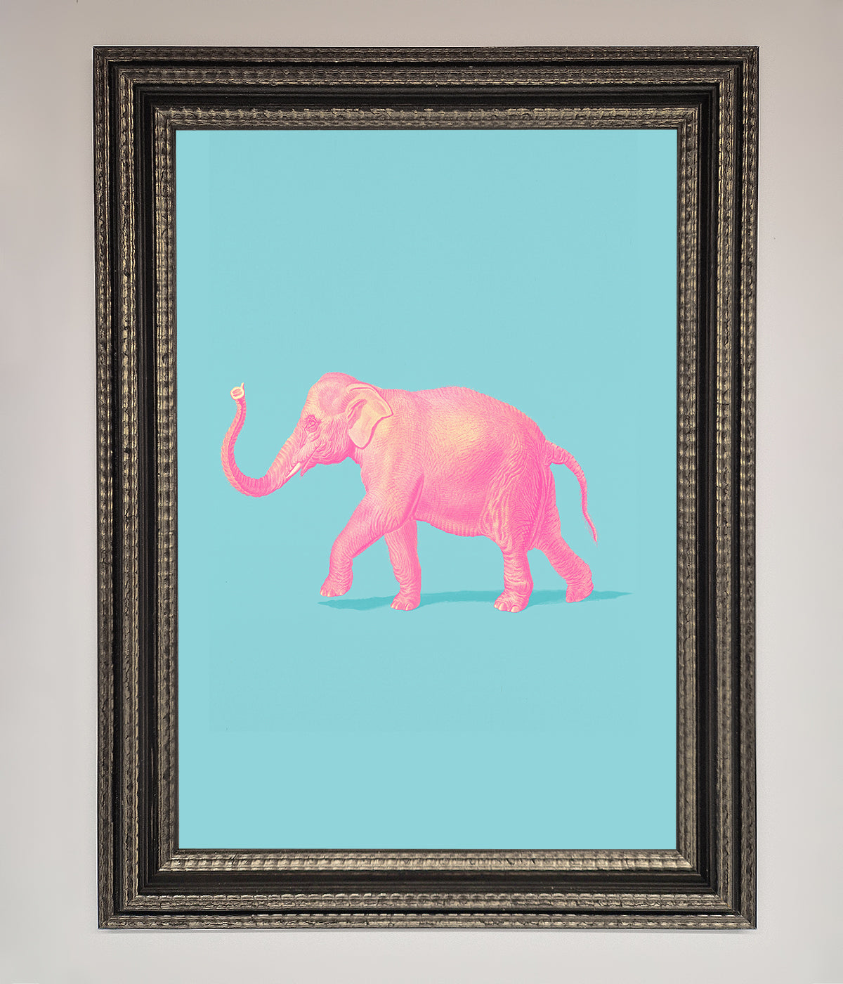 Pink Elephant On Blue Framed Print print