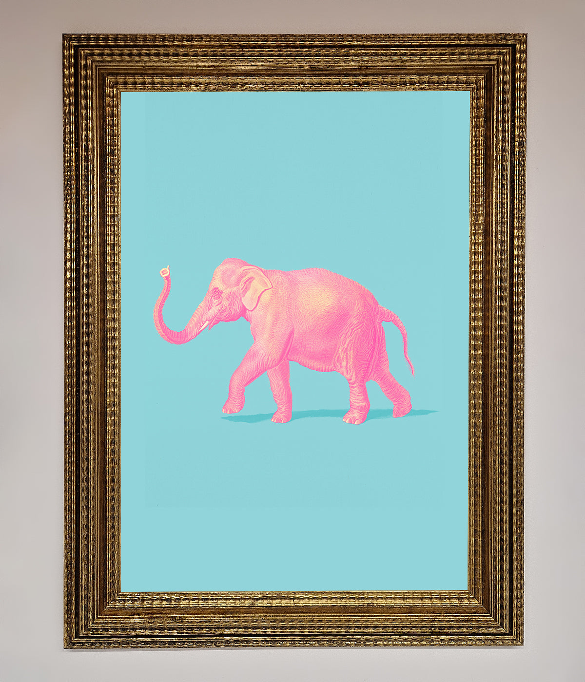 Pink Elephant On Blue Framed Print print