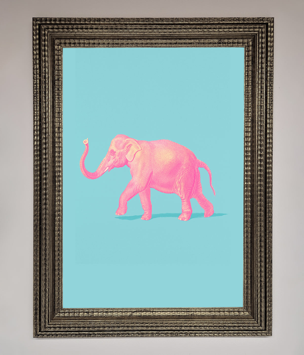 Pink Elephant On Blue Framed Print print