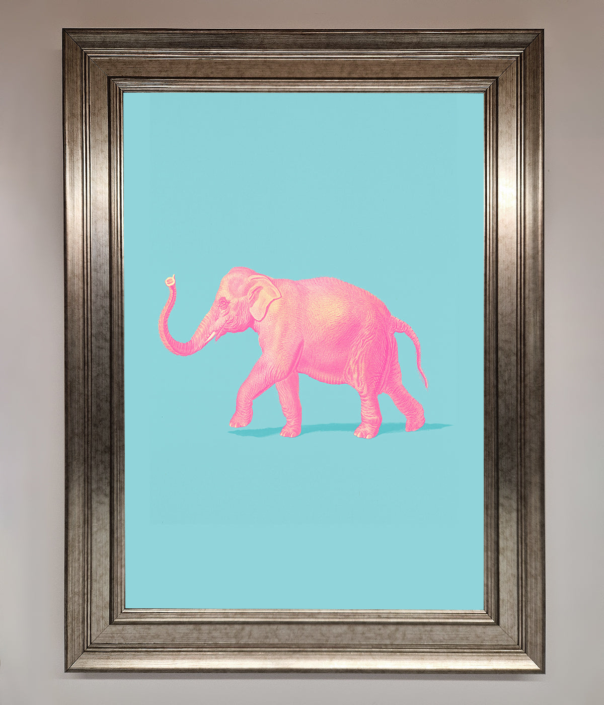 Pink Elephant On Blue Framed Print print