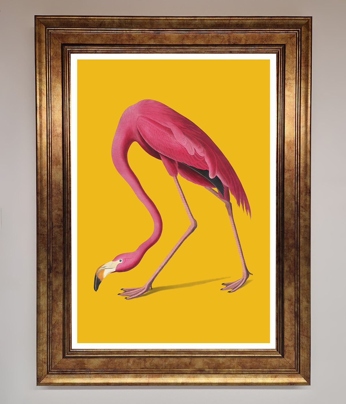 Pink Flamingo on Yellow Framed Print in Elegant Frame